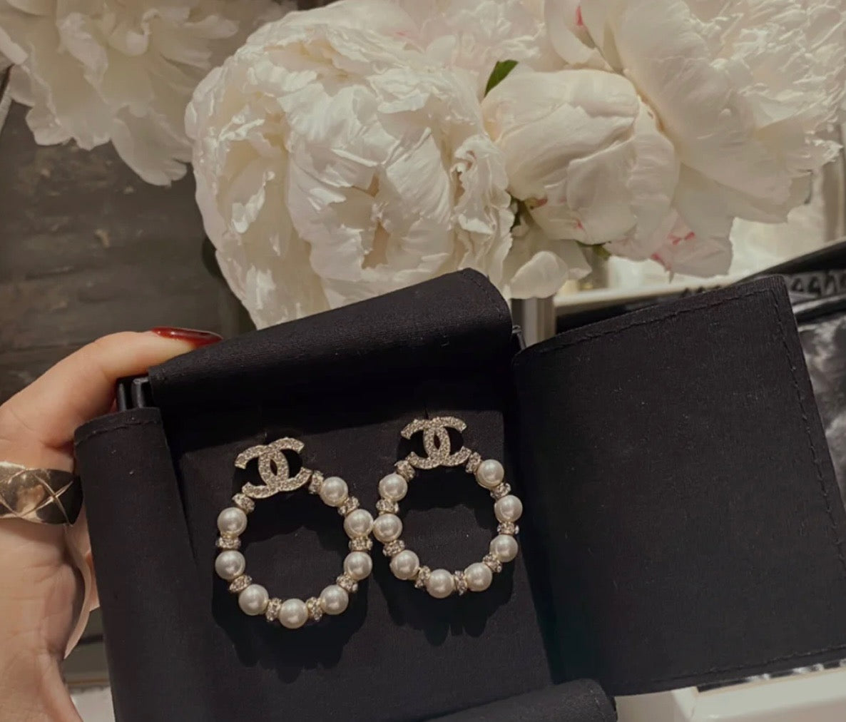 Cc pearl hoop earrings