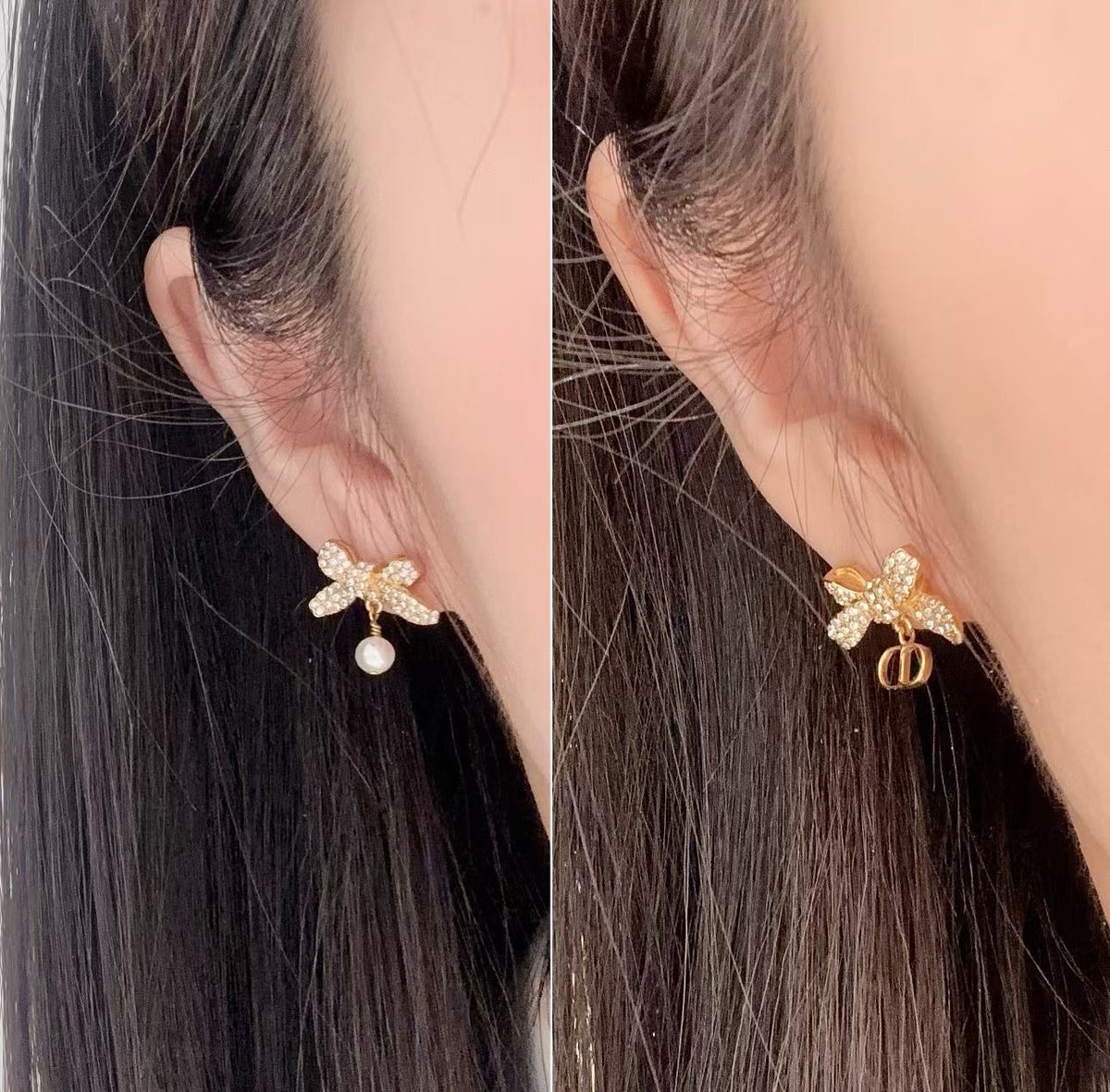 Dia Crystal Bow & Pearl Asymmetric Earrings