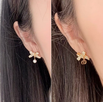 Dia Crystal Bow & Pearl Asymmetric Earrings